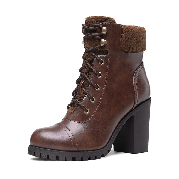Chunky Heel Warm Ankle Boots - CAMEL PU -  0
